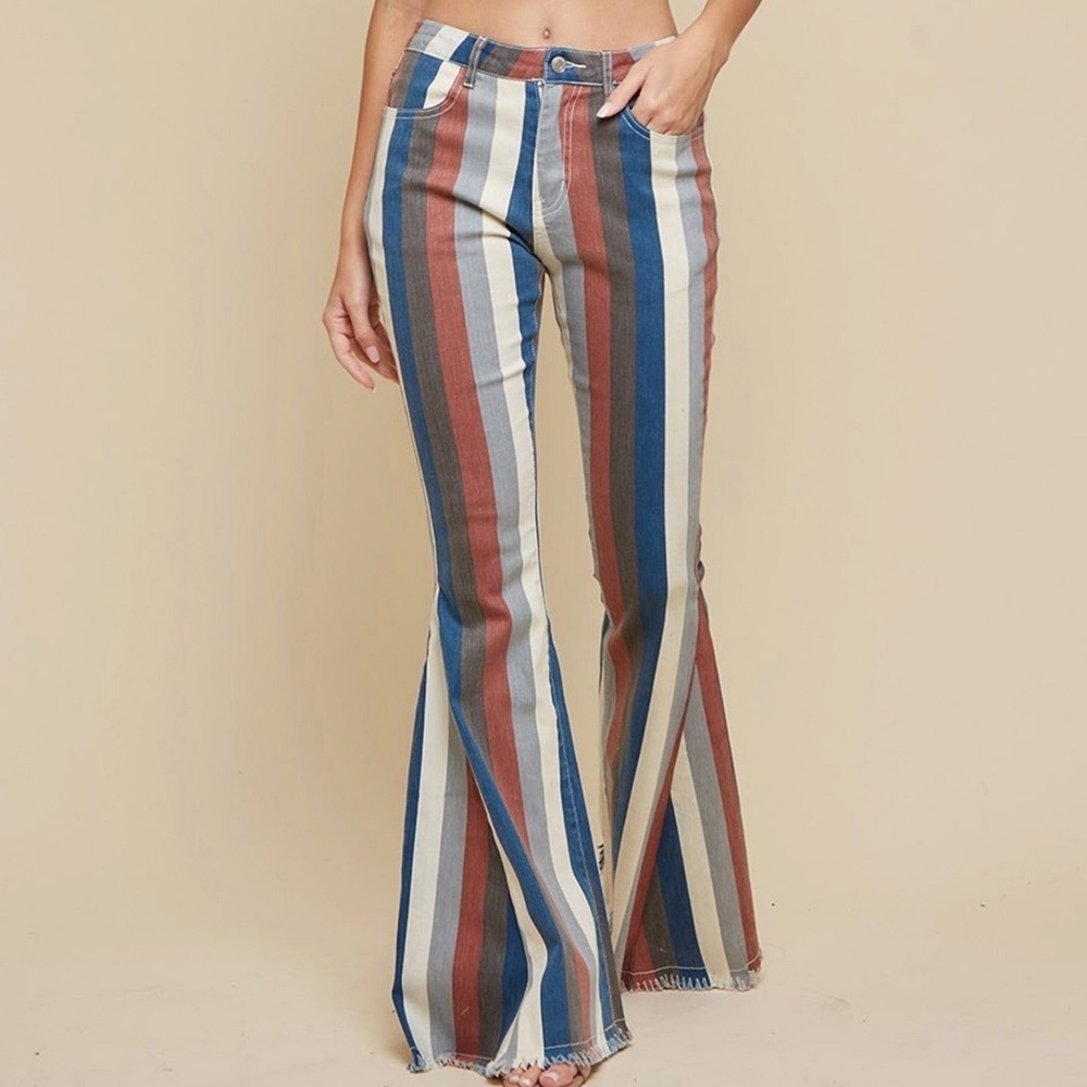 Saints & Hearts Flare Pants Striped Multi-Color Women Size S Bell-bottom Jeans